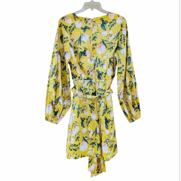 NY & Co Floral-Print Balloon-Sleeve Belted Dress NWT Yellow - Picture 5 of 7